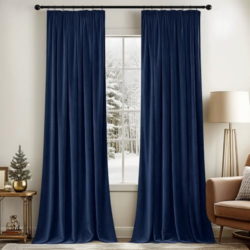 MIULEE Navy Blue Velvet Pencil Pleat Darkening Curtains for Bedroom 2 Panel Set, Super Soft Luxury Home Decor Living Room, Thick Room Darkening Curtains 90 Drop, Each 90 x 90 Inche