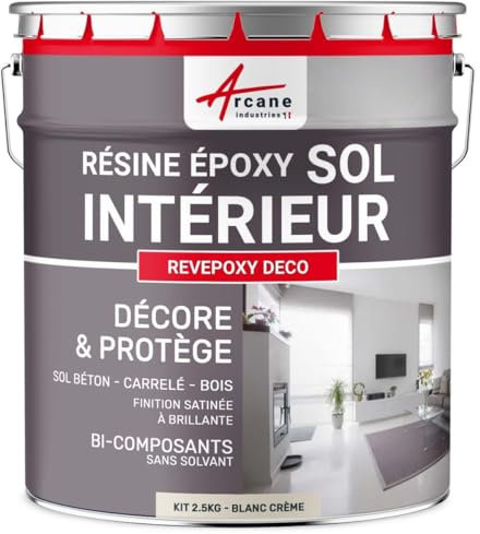 ARCANE INDUSTRIES Peinture sol, résine epoxy, peinture pour sol, salon, cuisine, salle de bains, effet miroir : Revepoxy deco - 2.5 kg (jusqu'à 12.5 m² en 2 couches) Blanc Crème - RAL 9001