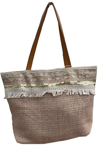 Sac pour femme en paille raphia pour été plage, nacelle en osier fait à la main, grand panier à bandoulière naturel, style ethnique bohème écologique bande dorée, marron