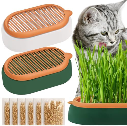 PRITOK Katzengras Tablett Wachstumsset: Kunststoff Bequem Katze Gras Fall, 2 Stücke Hydroponik-Katzengraskasten mit 6 Tasche Seed, Katzengras-Keimschale Für Katzenhunde Haustiere