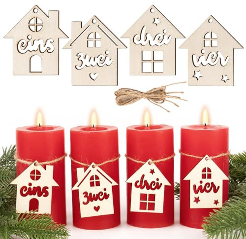 BOOMTOP 4Pcs Adventszahlen Holz 1-4 Adventskranz Zahlen für Kerzen Kerzenhalter 1 2 3 4 Holz Nummern Anhänger in Hausform Holzanhänger Advent Kerzenstecker Kerzen Adventsdeko Weihnachten Dekoration