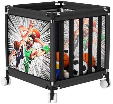 Asacbiiin Garage Sports Ball Storage Cart: Stainless Steels Rolling Ball Storage Bin Ball Basket Storage Ball Cage - Outdoor Indoor Sports Equipment Organizer Rack (Basketball Sports Print)