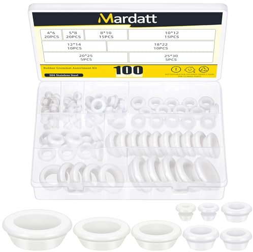 Mardatt Rubber Grommet 100 Stück Weiße Gummitüllen Kit, 8 Größen Firewall Geschlossenes Loch Stecker Draht Schutz Tüllen für die Verkabelung, 2/13, 1/5“, 5/16, 3/8“, 1/2, 3/4, 13/16, 1 Bohrung