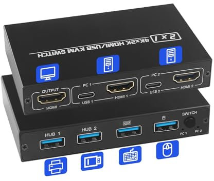 KVM Switch 2 PC 1 monitor, KVM Switch HDMI 4K @30Hz, condivisione di tastiera wireless, mouse, stampante, con 2 cavi USB 2.0
