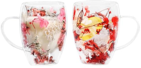 LeKuni Lot de 2 Tasses Double Paroi Avec Fleurs Séchées, 350ml Verre Double Paroi, Tasses À Expresso En Verre Transparent Pour Cappuccino, Expresso, Latte, Thé -Rose & Rouge