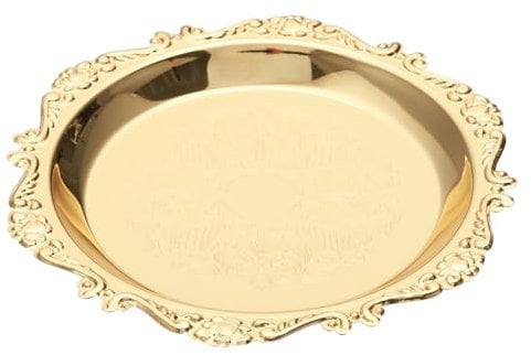 PATIKIL Vintage Trinket Dish Tray Holder, Round Metal Mini Storage Tray Dish Plate Fruit Trays Retro Carved Floral Cosmetics Organizer for Home Decor, Gold Tone