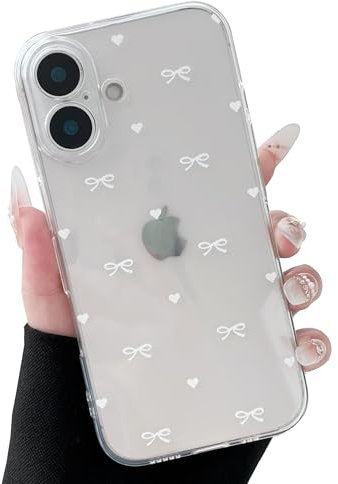 ZTOFERA Clear Case for iPhone 16 Plus, Cute Love Heart & Bowknot Pattern Design Aesthetic Transparent Phone Case Soft Flexible TPU Shockproof Protective Cover for Women Girls - White Bow