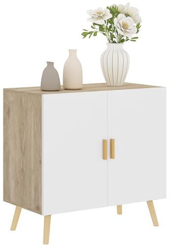 HOMCOM Buffet, Meuble de Rangement, avec poignées en Bambou, étagère Ajustable, Base surélevée, pour Salon Cuisine Salle à Manger, 76 x 41,2 x 74 cm Blanc et Bois Naturel