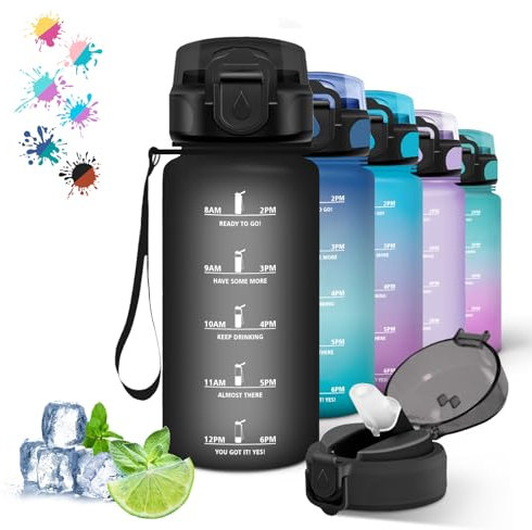 500ml Niños, Reutilizable a Prueba de Fugas, Botella con Pajita, Botellas Agua Niños Colegio, Botella de Agua para la Escuela, Oficina, Viajar, Deportes, Negro