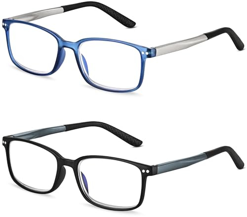 Madison Avenue 2 Pack Lesebrille Herren, TR90 rechteckige Blaulichtfilter Brille mit Federscharnieren, Anti-Glanz Sportliches Computerbrille, schwarz/blau +0.00 Dioptrien