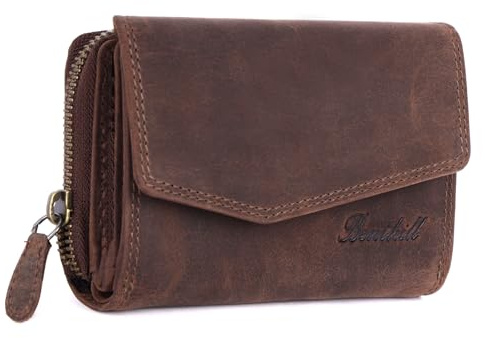 Benthill Geldbörse Echt-Leder - Damen Portemonnaie mit RFID Schutz - Portmonee viele Kartenfächer - Frauen Vintage Leder Damenbörse inkl. Geschenkbox, Farbe:Dark Brown (H)