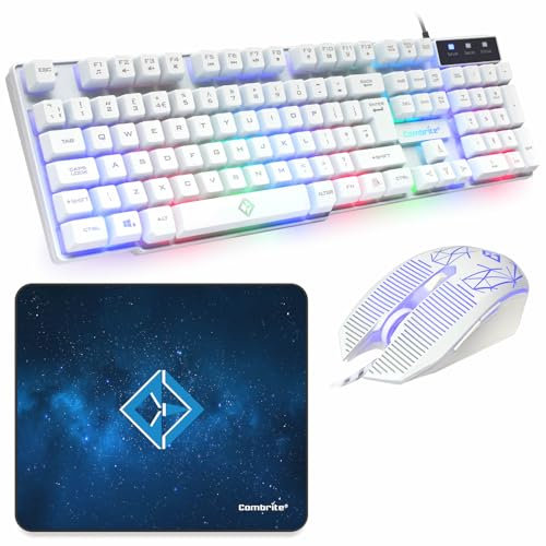 Combrite Raptor Gaming Keyboard And Mouse Set With Large Mouse Pad, Rainbow LED, USB Wired Desktop Combo, UK Layout, For Desktop PC, Laptop, PS4, PS5, Xbox One, Black (White)