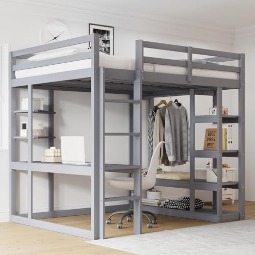 Moimhear Massivholz-Kinderhochbett mit Leiter, Tisch und Regal mit einfachen Aufhängungen, geeignet für Kinder, Jugendliche und Erwachsene, ohne Matratze (Grau, 140 * 200 cm)
