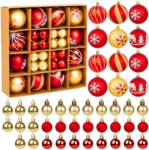 44pcs Red and Gold Christmas Baubles Christmas Tree Decorations Set, Xmas Baubles Ornaments Hanging Balls Pendants Decor Xmas Tree Decorations for Home Office School Holiday Decor Crafting
