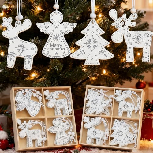 DAHI 24pcs Weihnachtendeko Holz Anhänger in Weiß Holz Engel Rentier Baum Christbaumschmuck Weihnachten Anhänger Baumschmuck Weihnachtsanhänger (White Grey B)