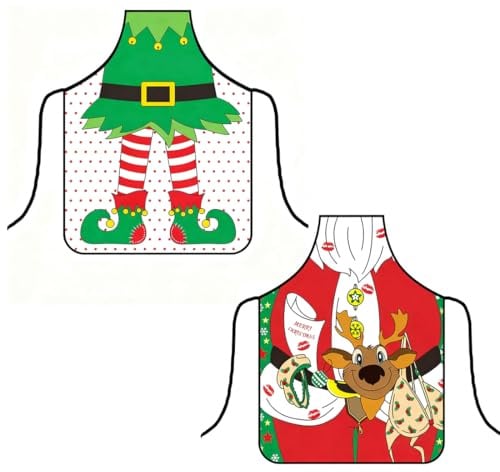OIXEYA 2 Piezas Delantales de Navidad, Delantal Navideña Rojo Verde, para Navidad Fiesta Nochebuena Cocina Restaurante