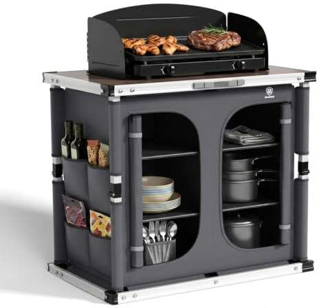 EVER ADVANCED XXL Campingküche Outdoor Faltbar mit Windschutz Campingschrank Klappbar Vorzelt mit Aluminiumgestell & Tragetasche Camping Regal Campingmöbel Küchenbox