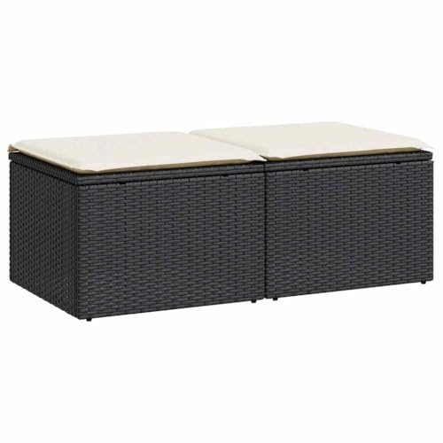 Foknhdi 2er Set Polyrattan Hocker mit Stauraum 55x55x37 cm Schwarz Cremekissen Gartenmöbel wetterfest platzsparend für kleine Balkone Terrasse Wintergarten