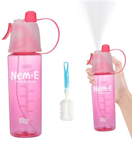 650ml Water Spray Bottle with Cup Brush 2-in-1 Misting & Drinking Sports Gradient Colors Water Bottle with Flip Straw Leakproof Water Bottle for Cycling Running Gym Hiking Outdoor Activities (Pink-A)