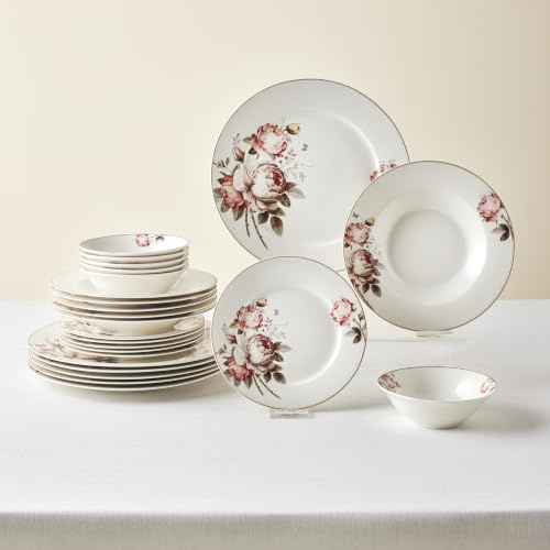 Karaca Rosie 24-Piece Bone China Dinner Set for 6 - Floral Dinnerware Set with Dinner Plates, Pasta Bowls, Side Plates and Cereal Bowls, Dishwasher & Microwave Safe