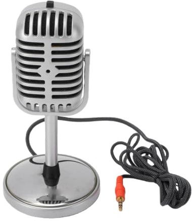 Microphone Rétro Vintage argenté, Micro Vocal Unidirectionnel Vintage pour Réunions en Ligne et karaoké à Domicile, Câble de 7,22 Pieds