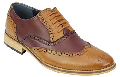 Mens Classic Leather Lined 2 Tone Brogue Shoes Smart Formal Office Work Lace Up Oxford[A2311H,6 UK,Maroon, Tan ]