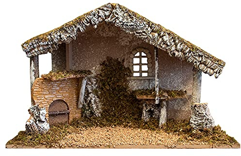 VILLAGE GIFT IMPORTERS Nativity Creche Stable | 12 Tall and 19 Wide | 2 Styles | Realistic Moss Hay Wood and Fabric | Made in Italy (Haystack and Fireplace)