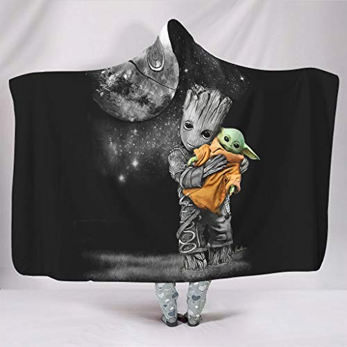 Baby Groot umarmt Yoda Decken mit Hoodie Wohndecke Kuscheldecke Tagesdecke Kapuzendecke Damen Herren Samtweichem Sofa TV Decke White 130x150cm