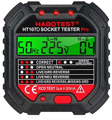 Kedelak Tester per prese GFCI con display di tensione Tester per prese 90-250V Rilevatore automatico di polarità del circuito elettrico automatico Rilevatore di tensione HT107D