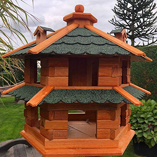 DARLUX Vogelvilla wetterfest von L bis XL Futterhaus Vogelhaus mit oder ohne Ständer in Braun mit Rot, Grün oder Blau für Garten und Balkon (Größe L ohne Ständer, Grün - Braun)