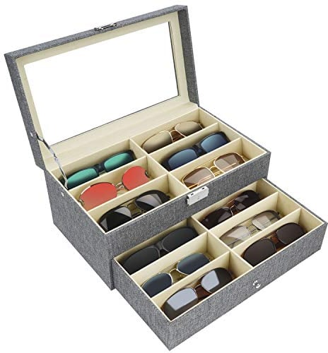 Kurtzy Lockable Sunglasses Display Organiser Box - 2 Tiers and 12 Compartments for 12 Glasses with Lock and Key - 12 Slots for Sunglasses, Eyeglasses and Spectacles - Grey Sunglasses Case