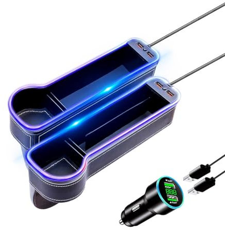 Keketuohai 2 Pack Car Seat Gap Organizer, Modern Minimalist Style, Car Seat Organizer with 2 USB Charging Ports, Led Light Bar, Black