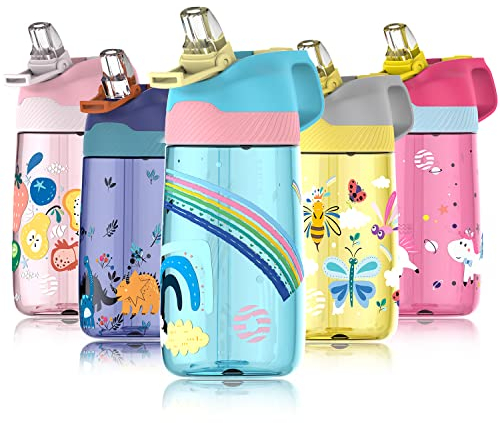 Fjbottle Gourde Enfant avec Paille 450ml, Bouteille d'eau Enfant sans BPA Tritan, Gourde Étanche Réutilisable pour École, Sport, Maternelle