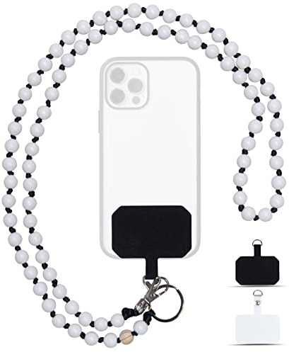 Nedimoo Handykette aus Holzperlen, Universal, Kette, Schlüsselband, Necklace, Lanyard. das Handyband zum Umhängen ist kompatibel mit jedem Handy wie Apple iPhone, Samsung, Xiaomi (Weiß)