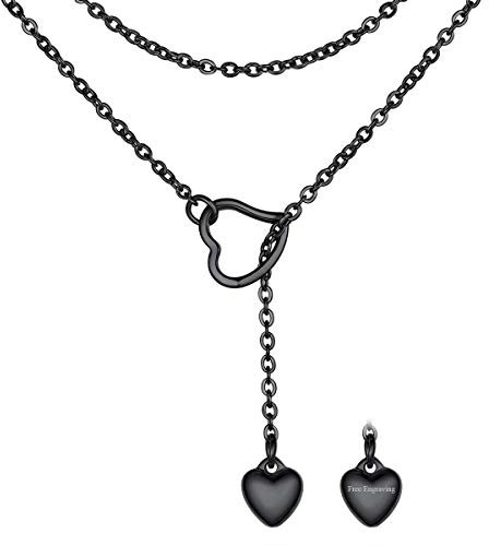 FOCALOOK Damen Mädchen Collier schwarz Edelstahl Lariat Kette mit personalisiert Herz Anhänger 80cm lange Minimalist Y-Kette verstellbar Modeschmuck Accessoire für V-Ausschnitt Pullover Kleid