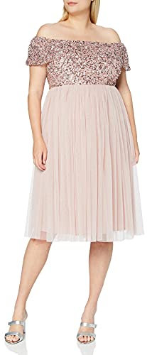 Maya Deluxe Abito da damigella d'onore con abito midi decorato con bardot da donna rosa 26