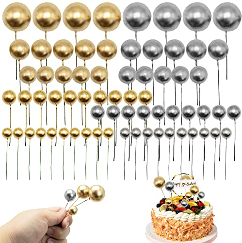 66 Mini Balloon Cake Toppers - Foam Balls, Cake Picks, Pearl Balls, DIY Inserts for Christmas, Anniversary, Birthday, Baby Shower (Gold, Silver)