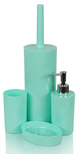 Bestlivings 4-teiliges Badezimmer Zubehör Set (Türkis), Zahnbürstenbecher - Seifenspender - Seifenschale - WC-Garnitur, Badaccessoires