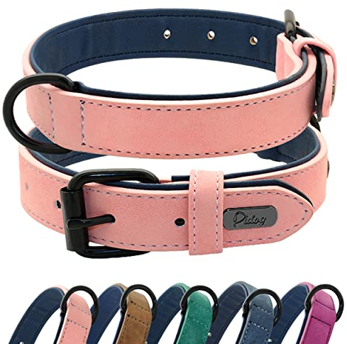 Didog Hundehalsband aus weichem, gepolstertem Leder, atmungsaktives, strapazierfähiges Hundehalsband aus Leder mit Verstellbarer, rostfreier Metallschnalle für mittelgroße und große Hunde, Rosa, L