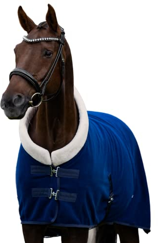 EQUILYX® Abschwitzdecke Pferd mit Teddy-Kragen und abnehmbaren Kreuzgurten [perfekte Passform] Fleecedecke Stalldecke Transportdecke wärmend feuchtigkeitsabsorbierend atmungsaktiv (Royalblau, 145cm)