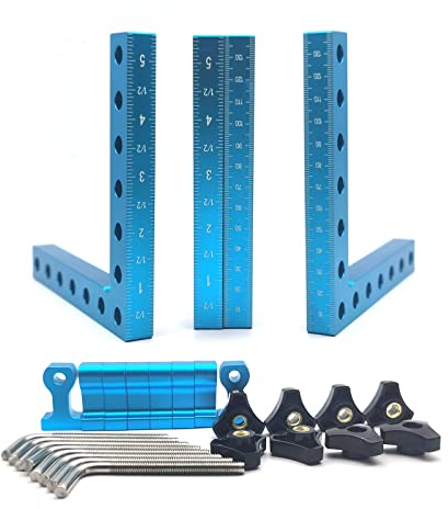 Lot de 4 équerres de positionnement à 90 degrés de 14 cm × 14 cm, équerres à angle droit avec 8 colliers de serrage, en alliage d'aluminium, outil de serrage pour cadres photos, boîtes, armoires