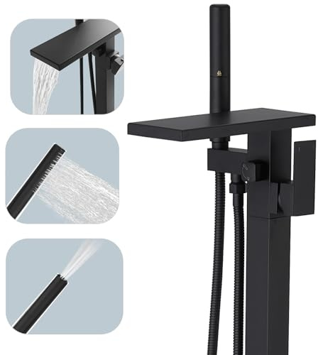 Hoimpro Rubinetto per vasca da bagno autoportante Riempitore per vasca a cascata Nero opaco Montaggio a pavimento in ottone Rubinetto per vasca da bagno con 2 funzioni Bacchetta doccia a mano