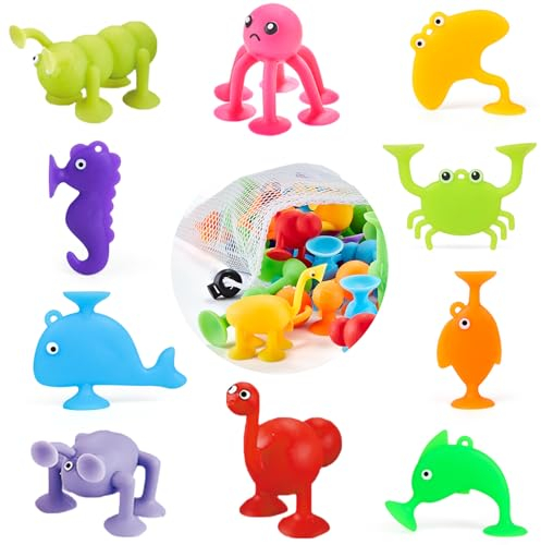 Jouets à Ventouse Silicone pour Enfants, Jouets de Bain Animal Sucker Toys, 10 Pièces Jeu Fléchettes, Éducation Cadeau pour Garçons Filles de 3 4 5 Ans.