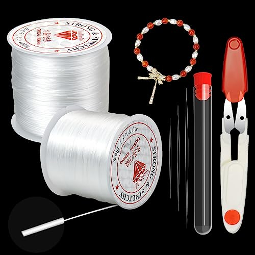 2 bobine di elastici per bracciali, Suofuolef 80 m x 0,8 mm, nastro elastico per braccialetti con ago di perle e forbici per la creazione di gioielli, collane, fai da te
