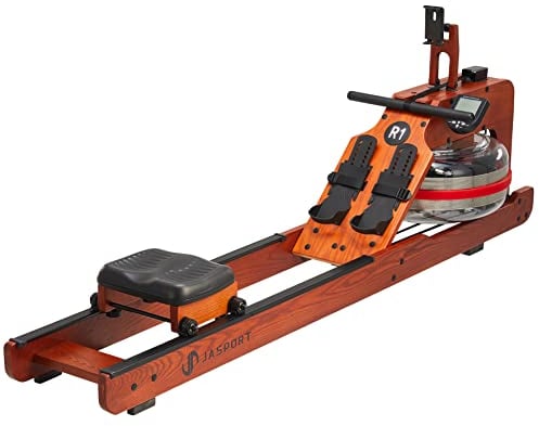 JASPORT R1 | Wasser-Rudergerät für zuhause aus Massiveholz (Esche) | Rudermaschine mit Trainingscomputer (Kinomap kompatibel) & Tablethalterung (Rotbraun)