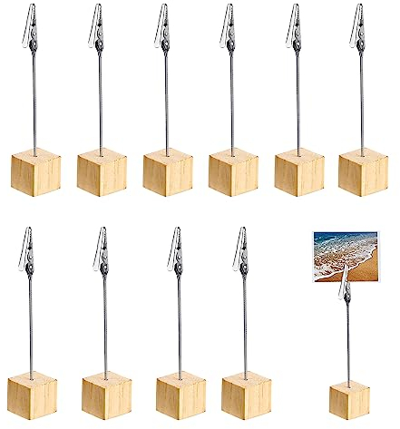 MUYAPAY 10 Pezzi Porta Memo Clip,Porta Foto con Mollette,Porta Memo con Clip in Coccodrillo e Base in Pino,Porta Segnaposto Clip, per Matrimonio, Ufficio, Decorazione della Casa, Festa