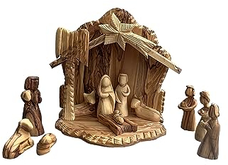 foolonli Weihnachtskrippe Krippe Holz Hand geschnitzt Olivenholz Heilige Familie mit Stall 13 TLG