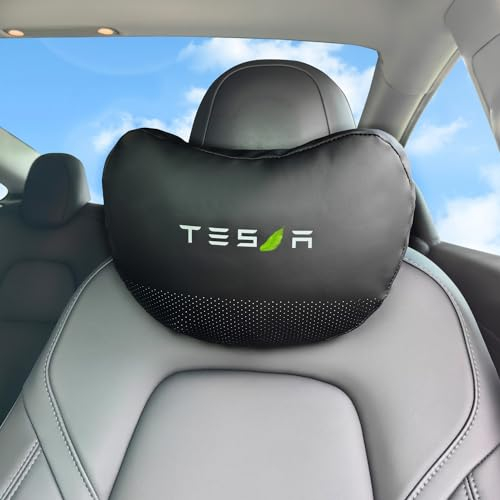 Ywooon Nackenkissen für Tesla Model Y Model 3 Model X Model S Autositz Nackenstützkissen Echtes Nappaleder Bietet Bequemen Halt für Den Nacken (Schwarz, 1 Stück)