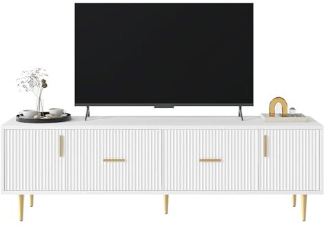 I0I&I0I Long meuble TV blanc pour TV de 70 pouces, poignées dorées, design élégant avec rayures verticales sur le devant, 2 portes, 2 tiroirs, charnières silencieuses (blanc)