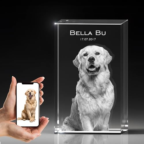 Gedenk Kristall Personalisiertes 3D-Glasfoto als Gedenkwürfel für Haustiere Ewige Erinnerung an Hunde, Katzen & mehr In 3 Größen Hochwertige Lasergravur in Kristall Gravur 90x60x60mm